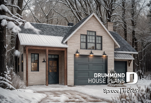 front - BASE MODEL - Beautiful garage plan with workshop and wood stove. Storage area on second floor. - Spruce