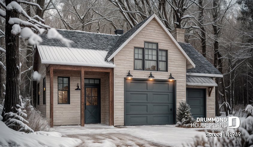 front - BASE MODEL - Beautiful garage plan with workshop and wood stove. Storage area on second floor. - Spruce