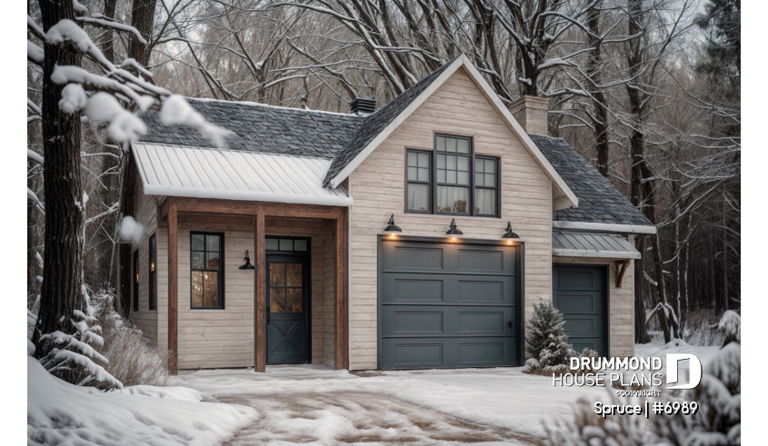 front - BASE MODEL - Beautiful garage plan with workshop and wood stove. Storage area on second floor. - Spruce