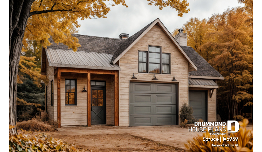 front - BASE MODEL - Beautiful garage plan with workshop and wood stove. Storage area on second floor. - Spruce