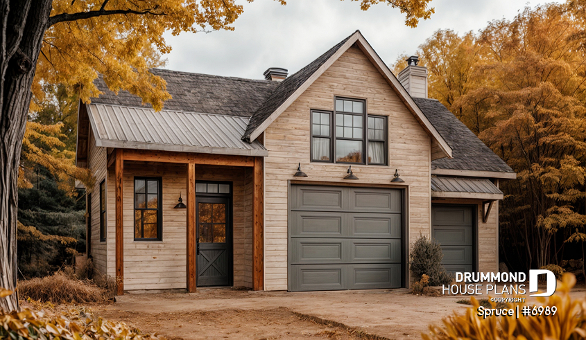 front - BASE MODEL - Beautiful garage plan with workshop and wood stove. Storage area on second floor. - Spruce