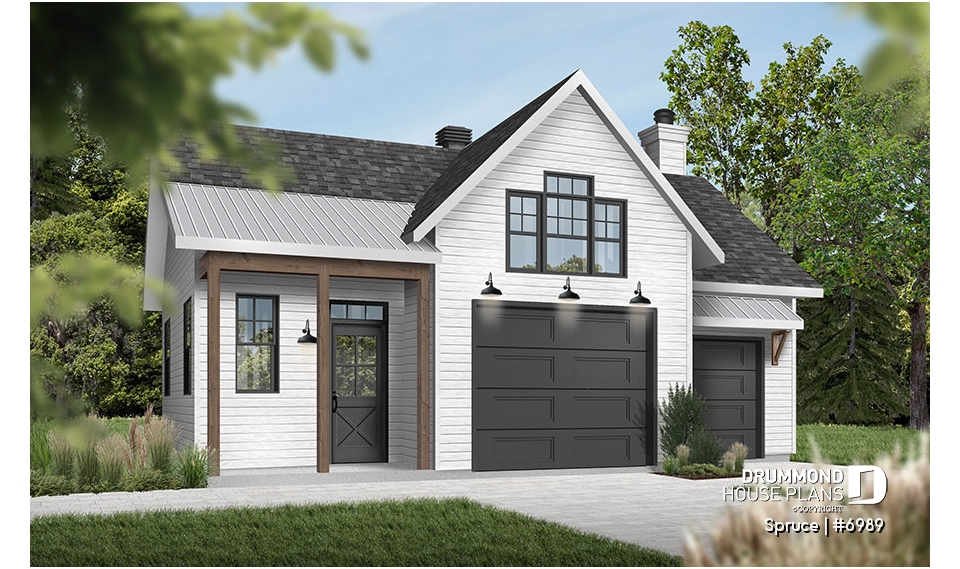 front - BASE MODEL - Beautiful garage plan with workshop and wood stove. Storage area on second floor. - Spruce