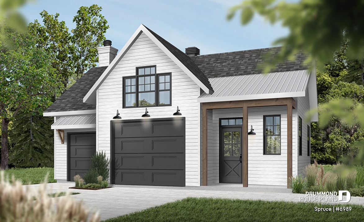 front - BASE MODEL - Beautiful garage plan with workshop and wood stove. Storage area on second floor. - Spruce
