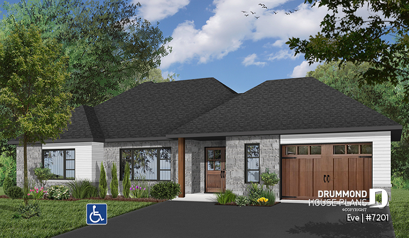 Color version 3 - Front - Modern ranch house plan with elevator, wheel chair accessible floor plan, 2 bedrooms, home office, garage - Eve