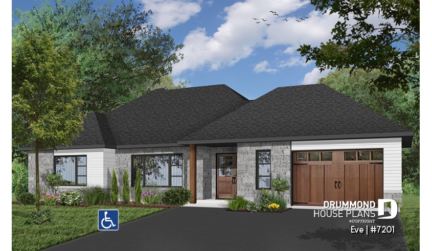 Color version 3 - Front - Modern ranch house plan with elevator, wheel chair accessible floor plan, 2 bedrooms, home office, garage - Eve