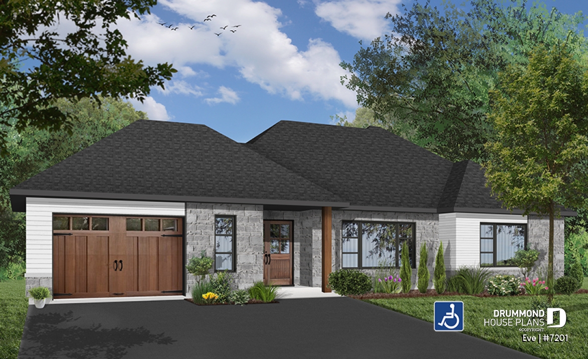 Color version 3 - Front - Wheelchair-accessible ranch home with elevator, integrated garage and barrier-free main floor design. - Eve