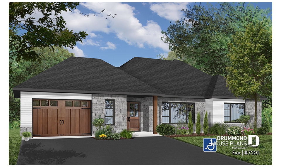Color version 3 - Front - Wheelchair-accessible ranch home with elevator, integrated garage and barrier-free main floor design. - Eve