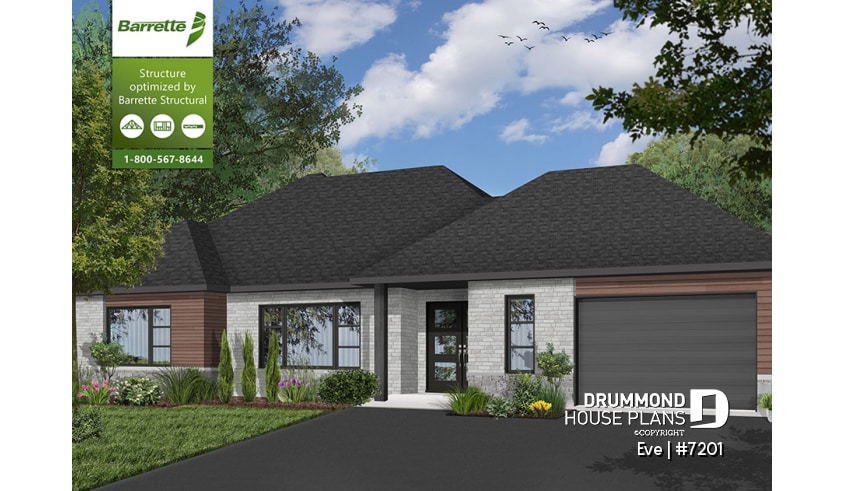 front - BASE MODEL - Modern ranch house plan with elevator, wheel chair accessible floor plan, 2 bedrooms, home office, garage - Eve