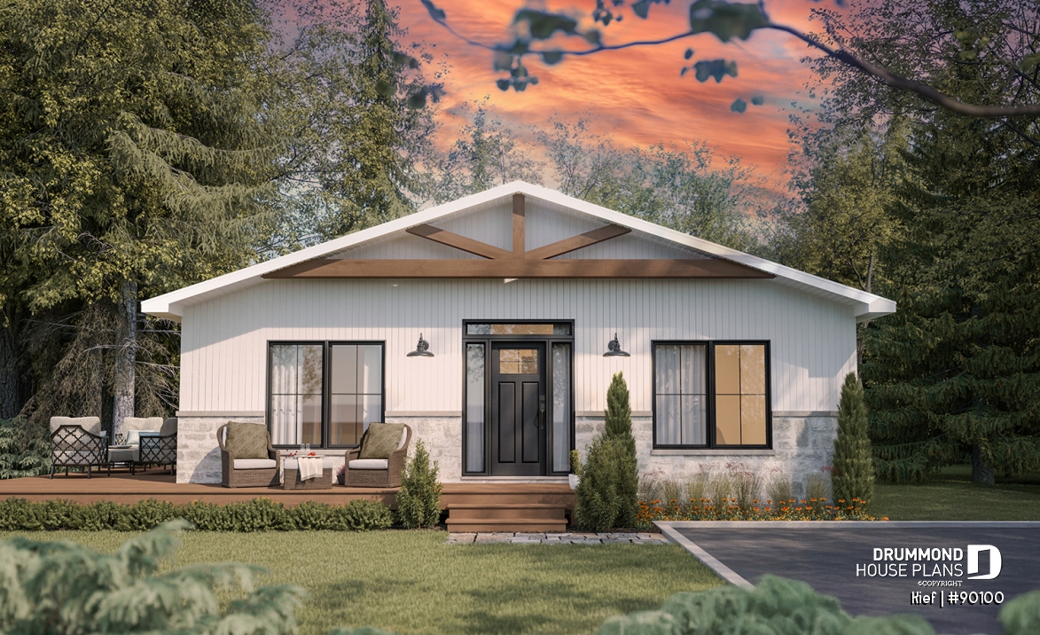 front - BASE MODEL - Small chalet or compact eco-friendly house plan, 2 to 4 bedrooms, cathedral, optional finished basement ($) - Kief