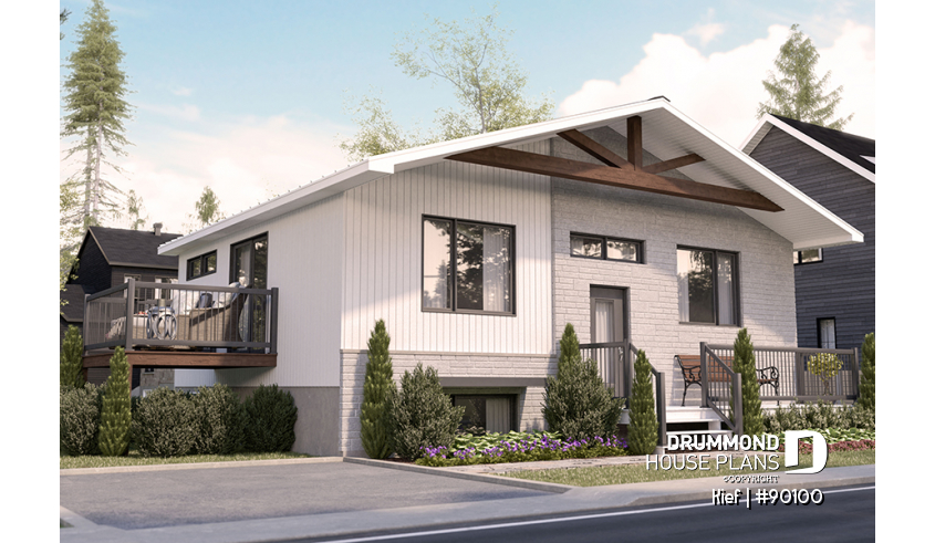 front - BASE MODEL - Ecological split-level house plan with 3 to 4 bedrooms, home office and cathedral ceiling. - Kief