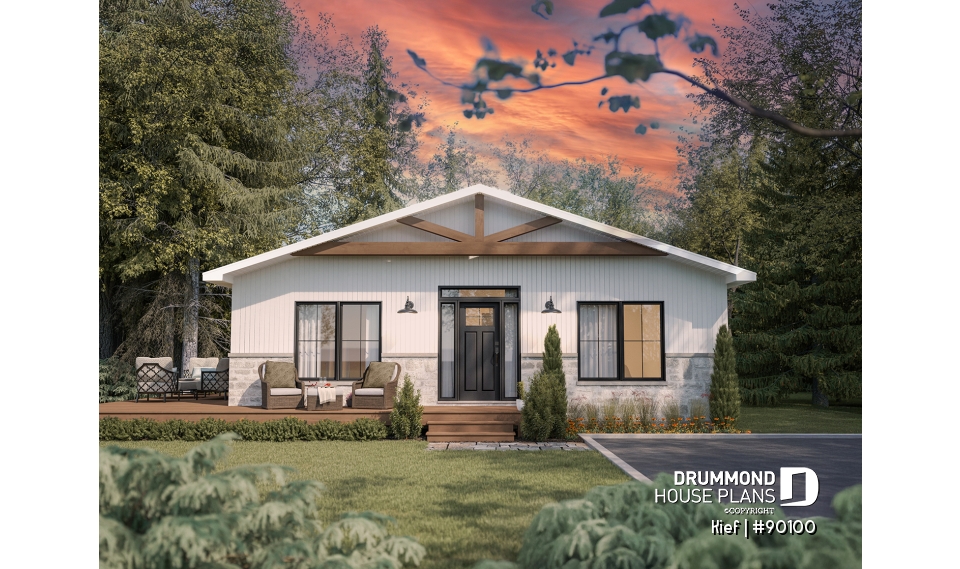 front - BASE MODEL - Small chalet or compact eco-friendly house plan, 2 to 4 bedrooms, cathedral, optional finished basement ($) - Kief