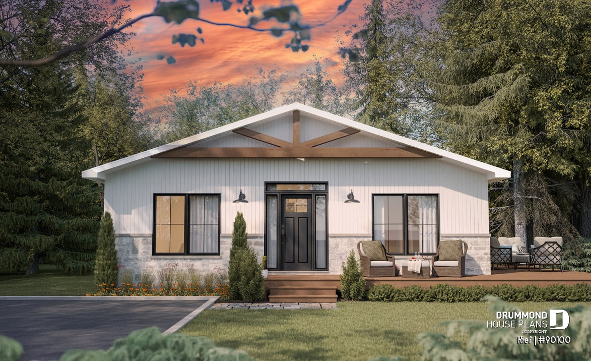 front - BASE MODEL - Small chalet or compact eco-friendly house plan, 2 to 4 bedrooms, cathedral, optional finished basement ($) - Kief