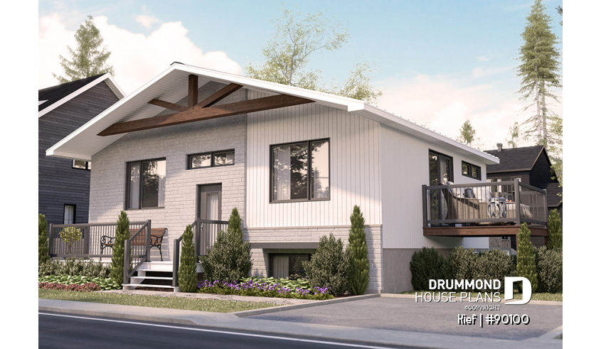 front - BASE MODEL - Ecological split-level house plan with 3 to 4 bedrooms, home office and cathedral ceiling. - Kief