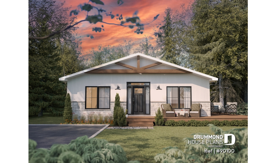 front - BASE MODEL - Small chalet or compact eco-friendly house plan, 2 to 4 bedrooms, cathedral, optional finished basement ($) - Kief