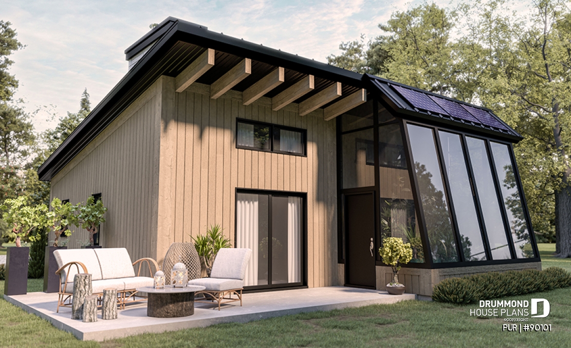Rear view - BASE MODEL - Eco-friendly house plan, green house, one (1) bedroom, open floor plan concept, office corner - PUR