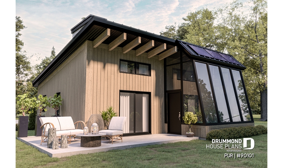 Rear view - BASE MODEL - Eco-friendly house plan, green house, one (1) bedroom, open floor plan concept, office corner - PUR