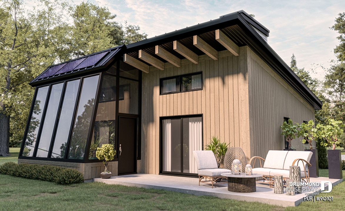 Rear view - BASE MODEL - Eco-friendly house plan, green house, one (1) bedroom, open floor plan concept, office corner - PUR