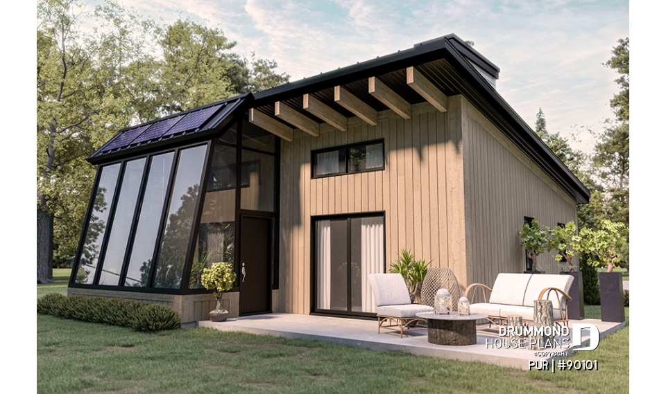 Rear view - BASE MODEL - Eco-friendly house plan, green house, one (1) bedroom, open floor plan concept, office corner - PUR