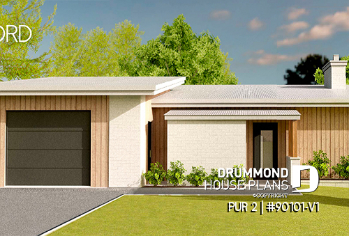 front - BASE MODEL - Eco-friendly tiny house plan with greenhouse and garage, one bedroom and open concept - PUR 2