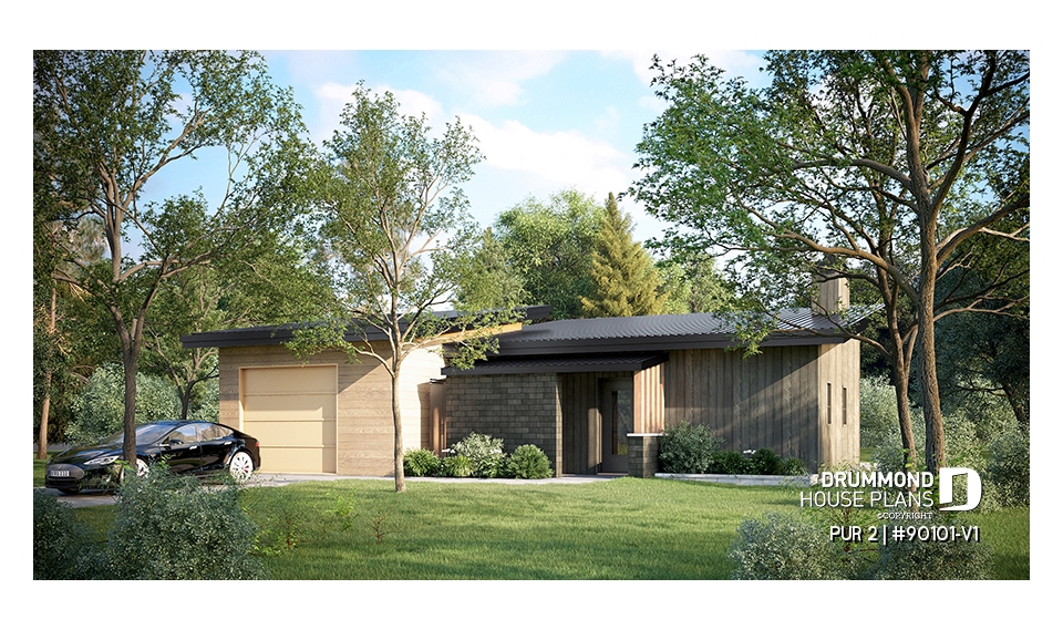 front - BASE MODEL - Eco-friendly tiny house plan with greenhouse and garage, one bedroom and open concept - PUR 2