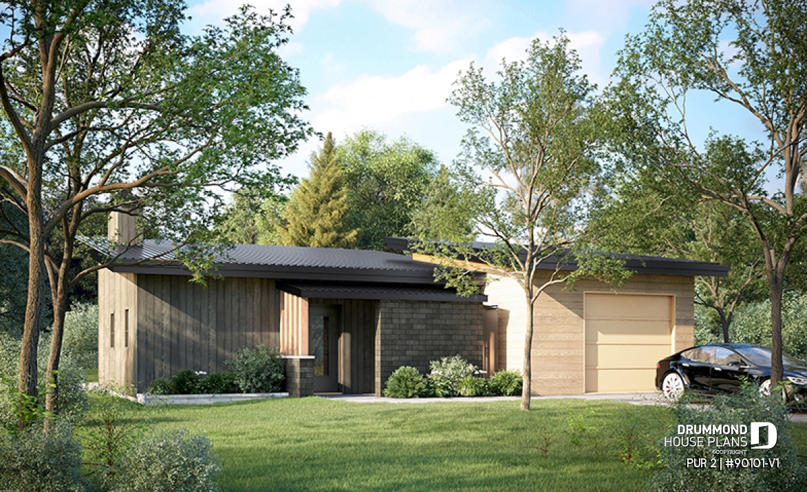 front - BASE MODEL - Eco-friendly tiny house plan with greenhouse and garage, one bedroom and open concept - PUR 2
