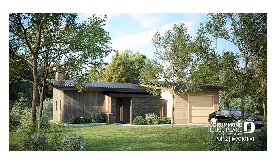 front - BASE MODEL - Eco-friendly tiny house plan with greenhouse and garage, one bedroom and open concept - PUR 2