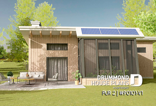 Rear view - BASE MODEL - Eco-friendly tiny house plan with greenhouse and garage, one bedroom, mezzanine and open concept - PUR 2