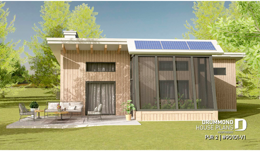 Rear view - BASE MODEL - Eco-friendly tiny house plan with greenhouse and garage, one bedroom, mezzanine and open concept - PUR 2