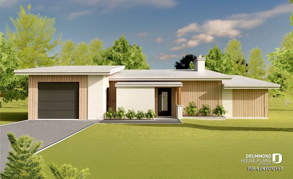 front - BASE MODEL - Eco-friendly 3 bedroom house plans with garage and a greenhouse pour your veggies! - PUR 4
