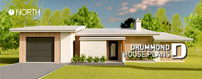 front - BASE MODEL - Ecological 3 bedroom house plans with garage and a greenhouse pour your veggies! - PUR 4