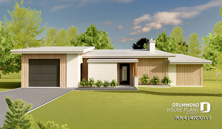 front - BASE MODEL - Ecological 3 bedroom house plans with garage and a greenhouse pour your veggies! - PUR 4