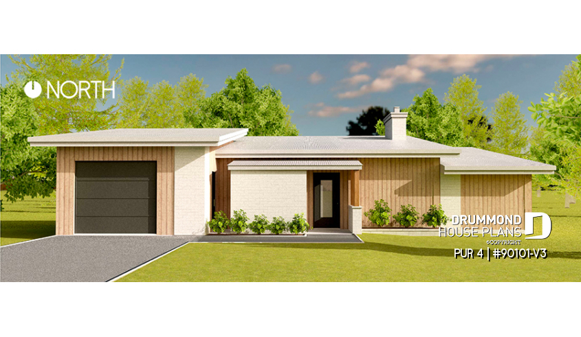 front - BASE MODEL - Ecological 3 bedroom house plans with garage and a greenhouse pour your veggies! - PUR 4