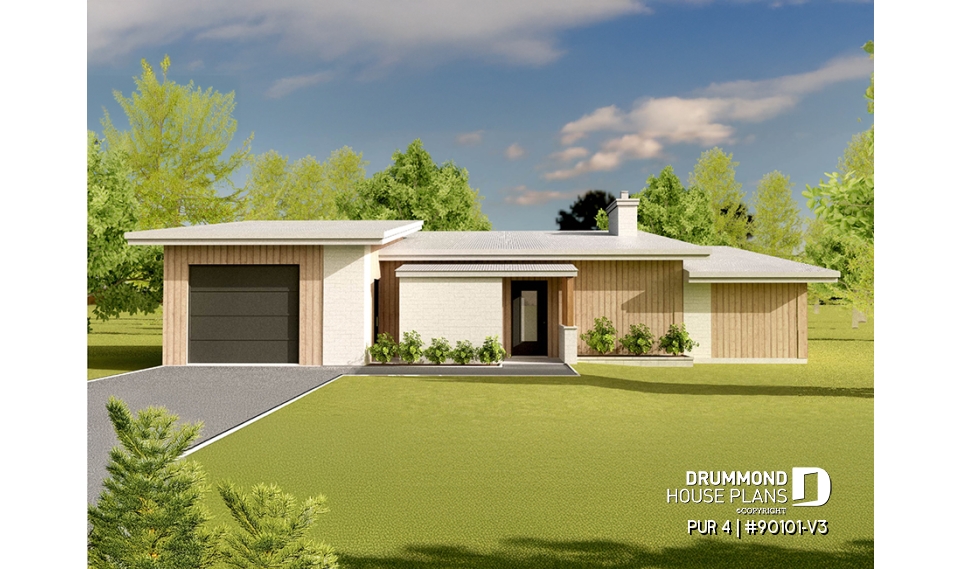 front - BASE MODEL - Eco-friendly 3 bedroom house plans with garage and a greenhouse pour your veggies! - PUR 4