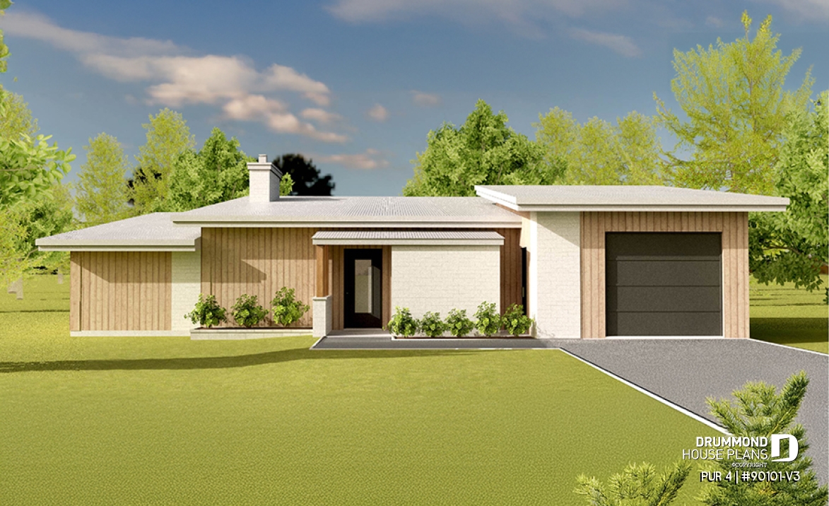 front - BASE MODEL - Eco-friendly 3 bedroom house plans with garage and a greenhouse pour your veggies! - PUR 4