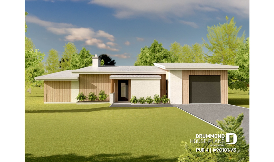 front - BASE MODEL - Eco-friendly 3 bedroom house plans with garage and a greenhouse pour your veggies! - PUR 4