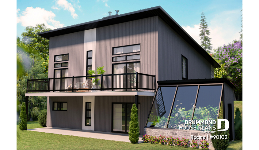 Rear view - BASE MODEL - Intergenerational and ecological house design, green house, 3 bedrooms, sheltered terrace - Racine