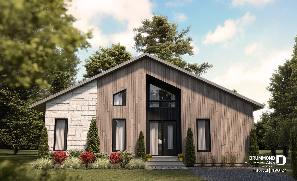 front - BASE MODEL - Environmentally friendly house plan, 1 to 4 beds, den, fireplace, mezzanine, optional finished basement ($) - Interval