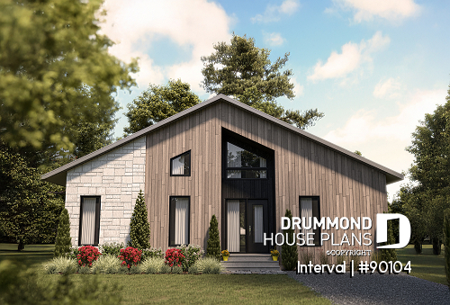 front - BASE MODEL - Environmentally friendly house plan, 1 to 4 beds, home office, 2 family rooms, fireplace, mezzanine - Interval