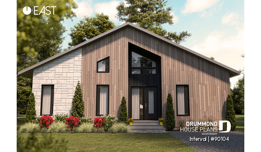 front - BASE MODEL - Environmentally friendly house plan, 1 to 4 beds, home office, 2 family rooms, fireplace, mezzanine - Interval