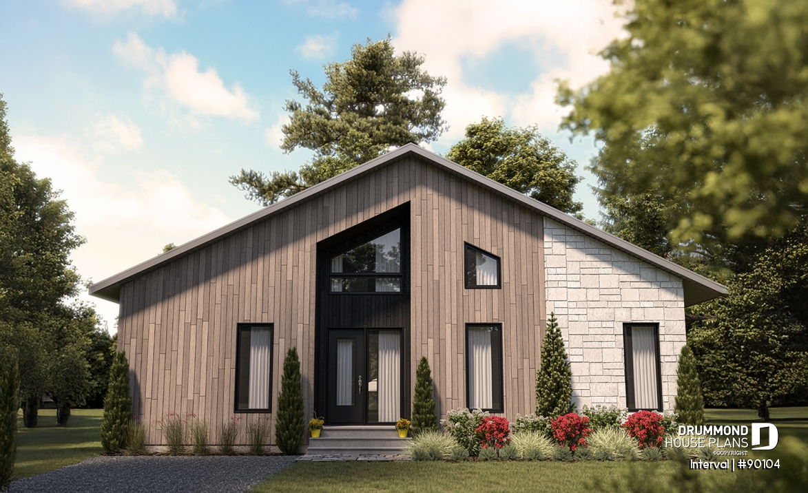 front - BASE MODEL - Environmentally friendly house plan, 1 to 4 beds, den, fireplace, mezzanine, optional finished basement ($) - Interval