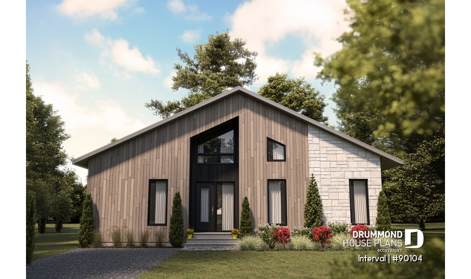 front - BASE MODEL - Environmentally friendly house plan, 1 to 4 beds, den, fireplace, mezzanine, optional finished basement ($) - Interval