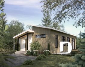 Right view - Scandinavian eco-friendly house plan, 1 to 4 bedrooms, large kitchen, office, optional basement finish ($) - Shore