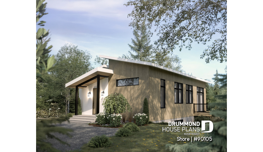 Right view - Ecological house plan with 3 bedrooms, small modern home, home office - Shore