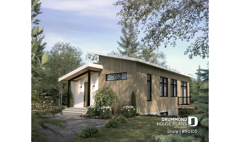 Right view - Scandinavian eco-friendly house plan, 1 to 4 bedrooms, large kitchen, office, optional basement finish ($) - Shore