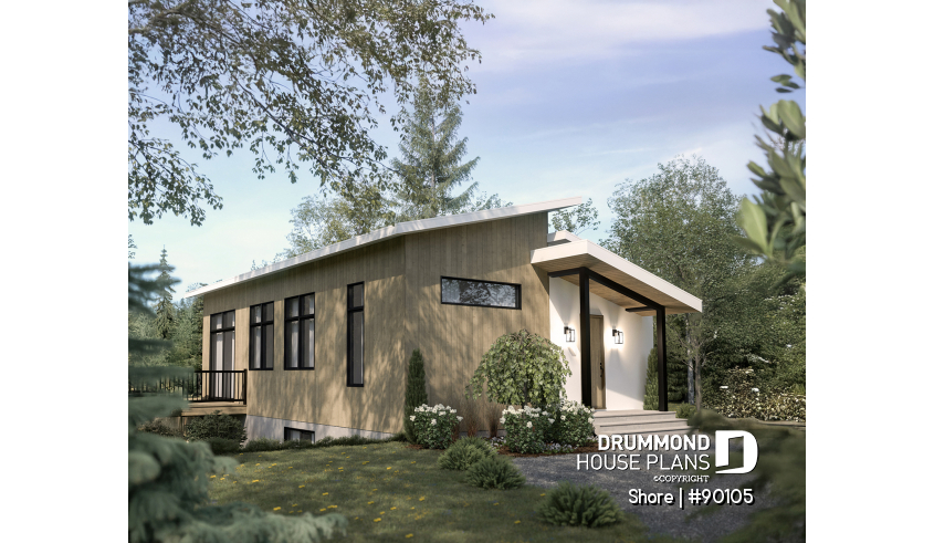 Right view - Scandinavian eco-friendly house plan, 1 to 4 bedrooms, large kitchen, office, optional basement finish ($) - Shore