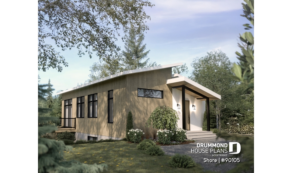 Right view - Scandinavian eco-friendly house plan, 1 to 4 bedrooms, large kitchen, office, optional basement finish ($) - Shore