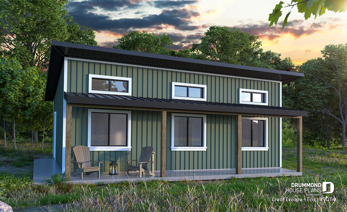 front - BASE MODEL - Budget-friendly and eco-friendly cabin house plan with panoramic view and 2 bedrooms - Great Escape - Eco