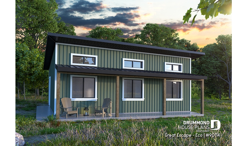 front - BASE MODEL - Budget-friendly and eco-friendly cabin house plan with panoramic view and 2 bedrooms - Great Escape - Eco