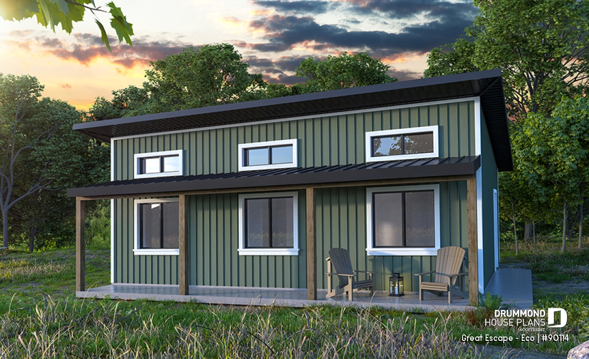 front - BASE MODEL - Budget-friendly and eco-friendly cabin house plan with panoramic view and 2 bedrooms - Great Escape - Eco