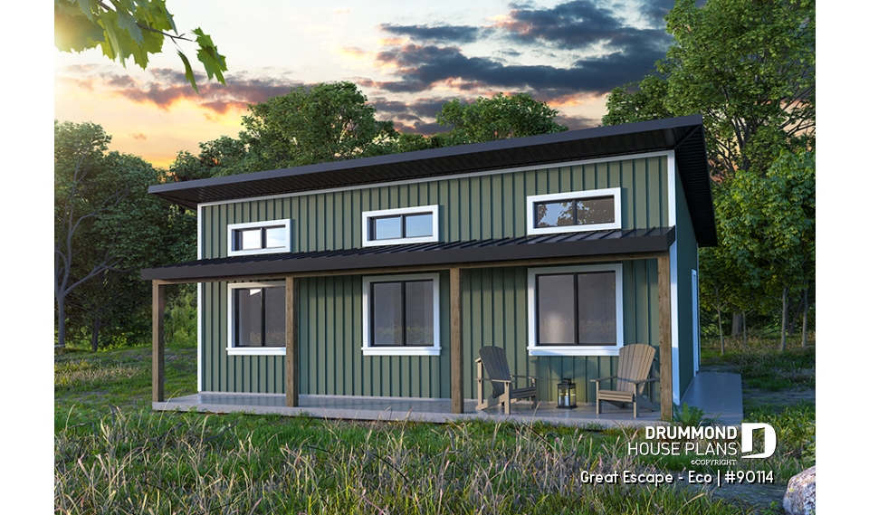 front - BASE MODEL - Budget-friendly and eco-friendly cabin house plan with panoramic view and 2 bedrooms - Great Escape - Eco
